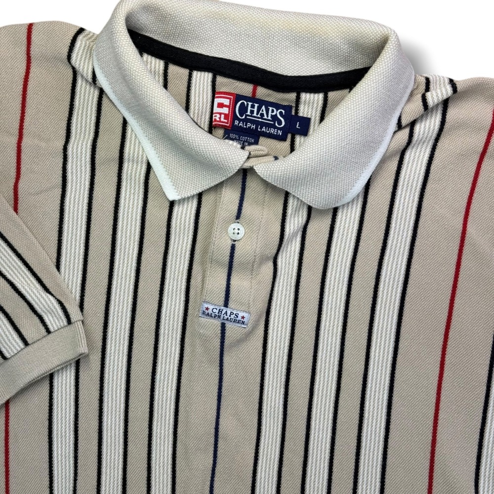Chaps Ralph Lauren Polo Shirt Men Large Tan Vertical Stripe Cotton Pique